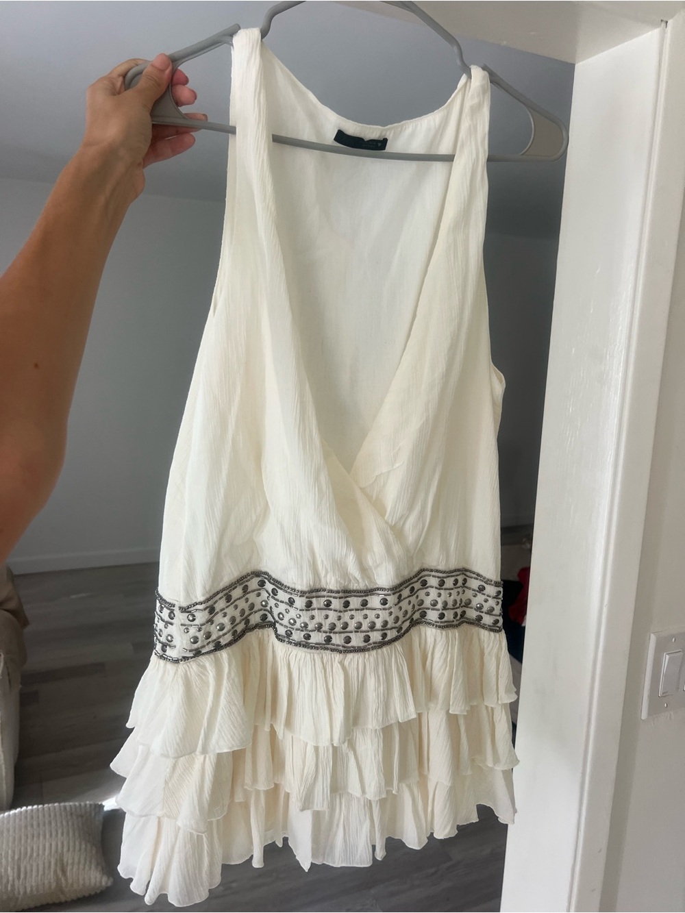 Cream Tiered Ruffle V-Neck Dress with Embroidered Waist Zara